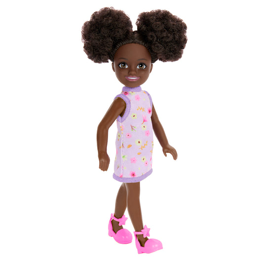 Barbie Chelsea Club Girl Doll 14cm – Purple Floral Dress with Dark Hair