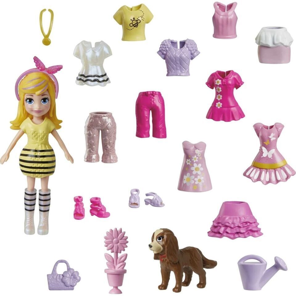 Mattel Polly Pocket Polly Pink Dress Puppy Fashion Set – 19 pcs Mini Doll & Accessories