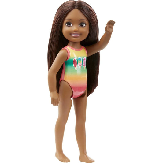 Barbie Chelsea Club Mini Girl Doll 14cm – Beach Ice Cream Swim Outfit Brown Hair