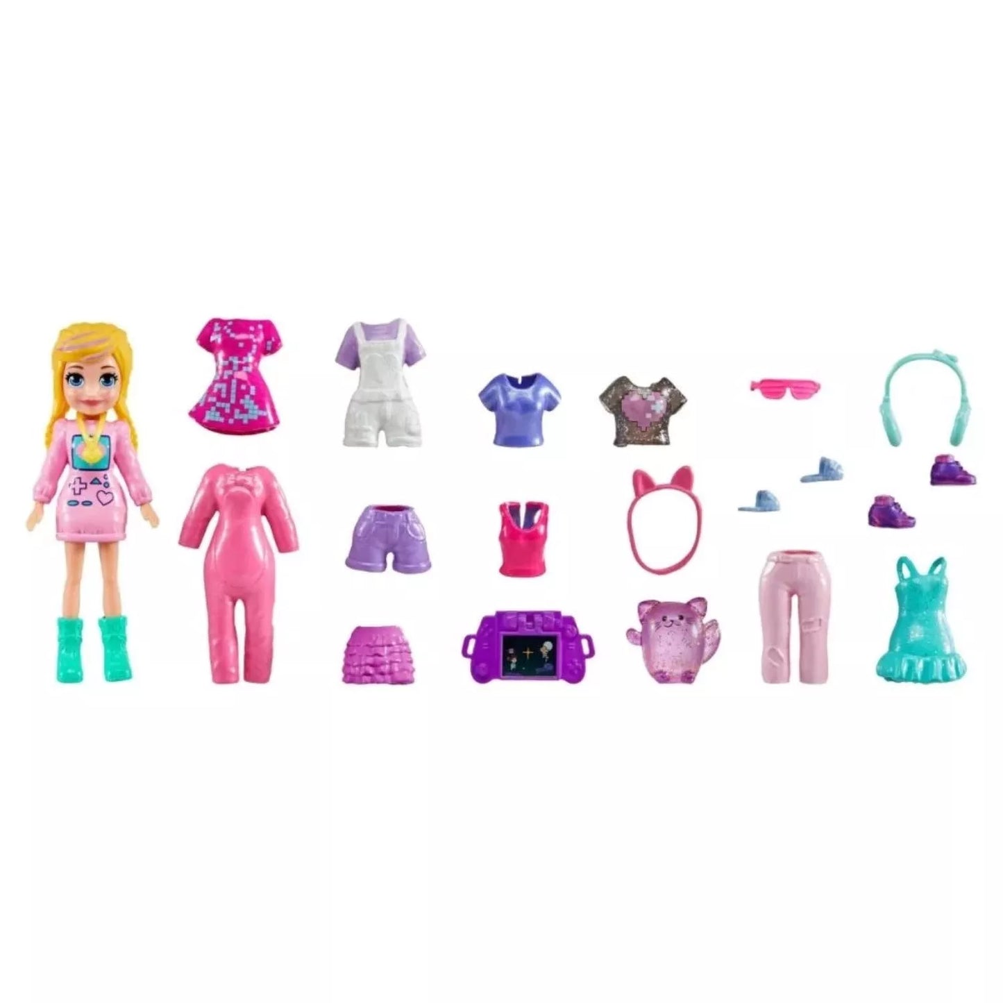 Mattel Polly Pocket Polly Pink Dress & Purple Cat Set – 18 pcs Mini Doll & Accessories