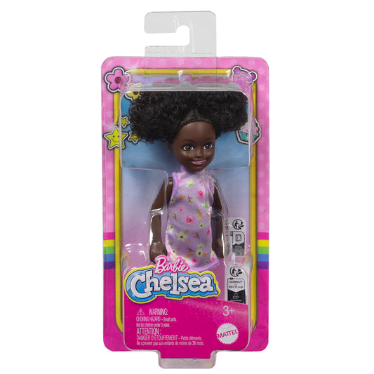 Barbie Chelsea Club Girl Doll 14cm – Purple Floral Dress with Dark Hair
