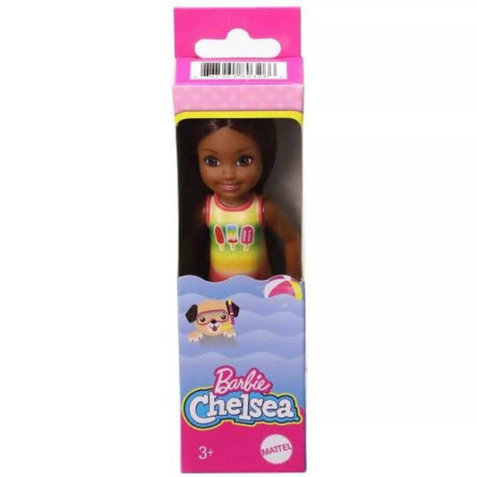 Barbie Chelsea Club Mini Girl Doll 14cm – Beach Ice Cream Swim Outfit Brown Hair