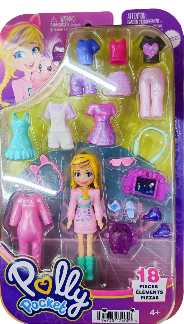 Mattel Polly Pocket Polly Pink Dress & Purple Cat Set – 18 pcs Mini Doll & Accessories