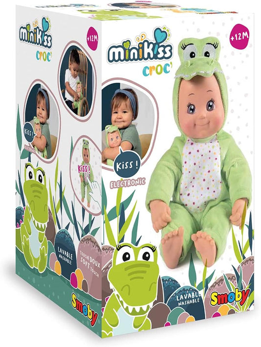 Smoby MiniKiss Crocodile Baby Doll 30cm – Soft Body Doll with Kissing Sound | Ages 12 Months+