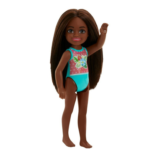 Barbie Chelsea Club Mini Doll 14cm – Beach Blue Floral Swim Outfit Brown Hair