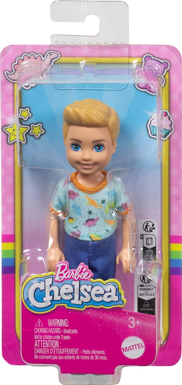 Barbie Chelsea Club Boy Doll 14 cm – Dinosaur Print Outfit, Blond Hair & Blue Eyes