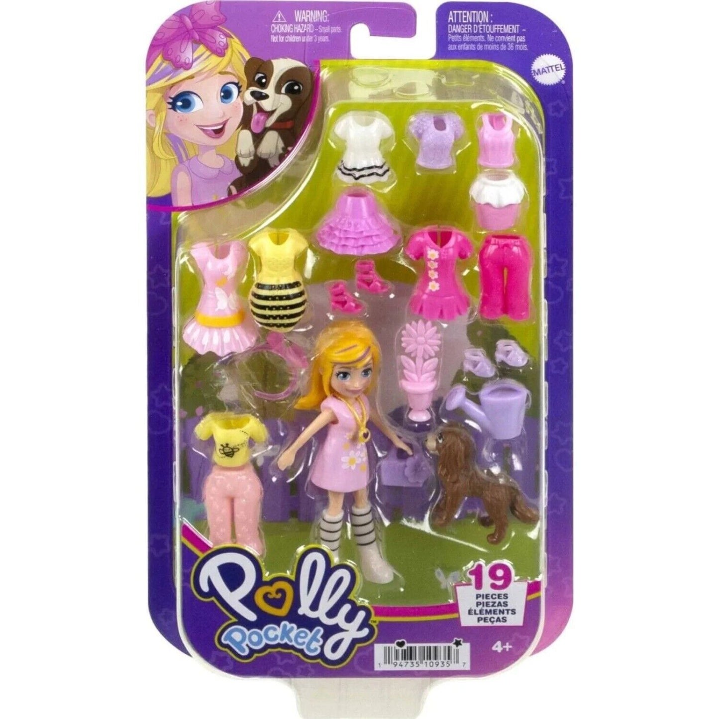 Mattel Polly Pocket Polly Pink Dress Puppy Fashion Set – 19 pcs Mini Doll & Accessories