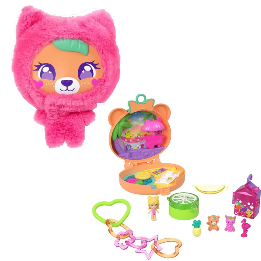 Mattel Polly Pocket Plushie Bear Compact Playset – Doll, 3 Pets & Bag Clip JKC79