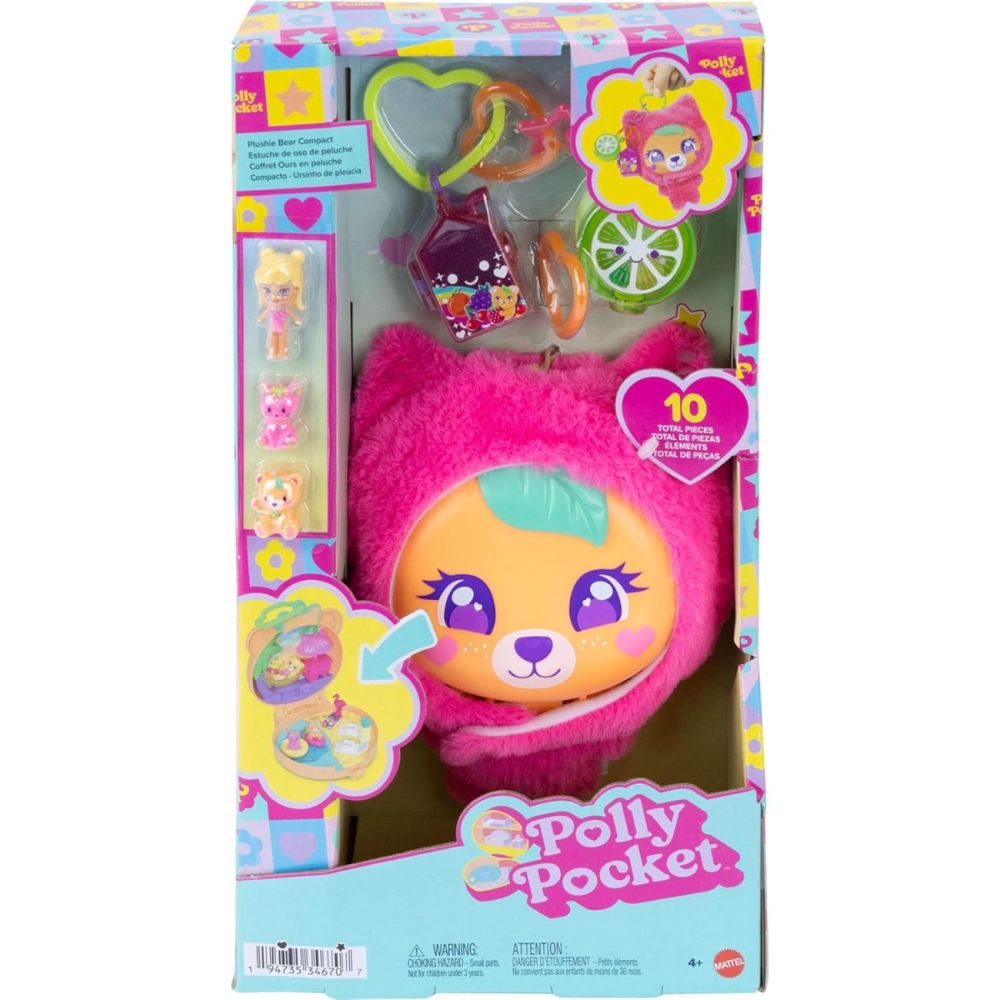 Mattel Polly Pocket Plushie Bear Compact Playset – Doll, 3 Pets & Bag Clip JKC79