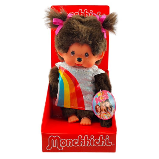 Monchhichi Girl Plush 20cm – Brown Doll with K3 Rainbow Dress – Cute Collector Toy