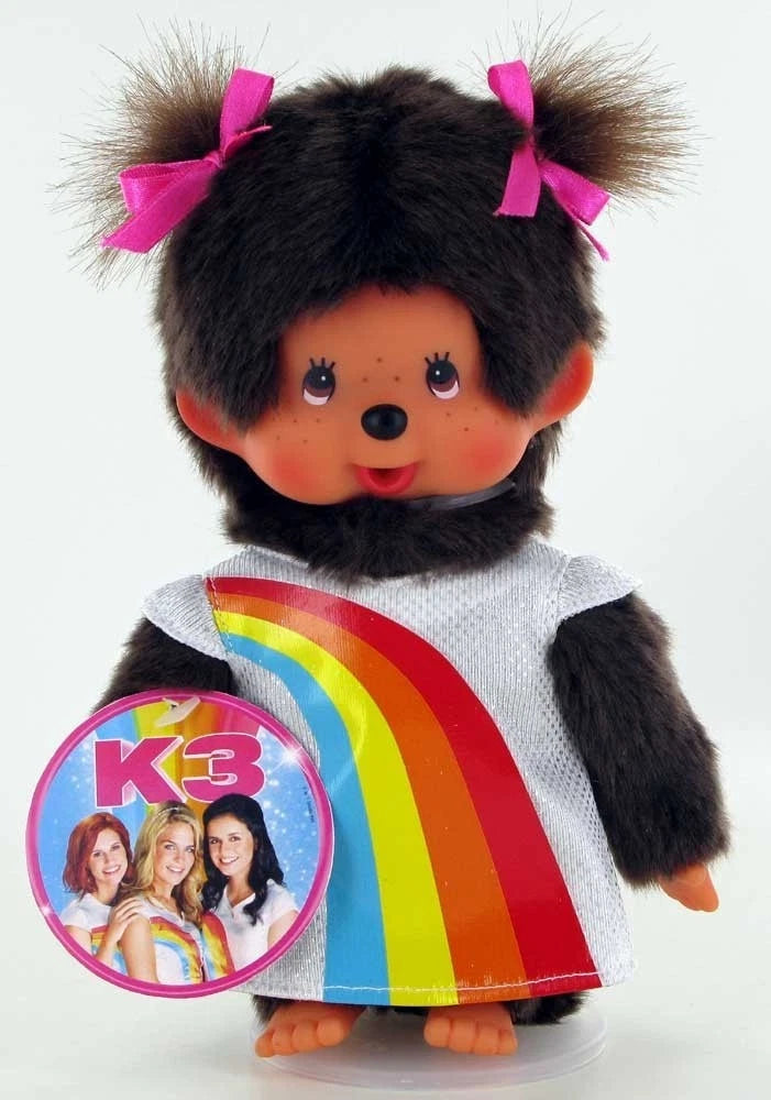 Monchhichi Girl Plush 20cm – Brown Doll with K3 Rainbow Dress – Cute Collector Toy