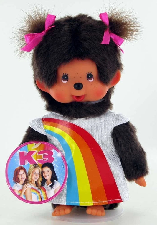 Monchhichi Girl Plush 20cm – Brown Doll with K3 Rainbow Dress – Cute Collector Toy